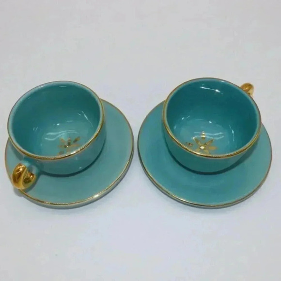 Tea cup and saucer Set of two Turquoise Gold - Picture 1 of 5